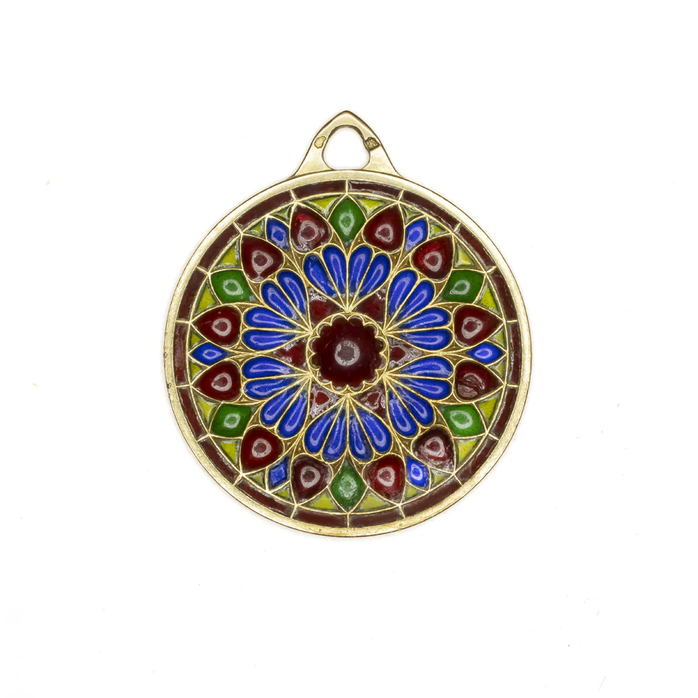 ANTIQUE FRENCH PLIQUE A JOUR 18k PENDANT MANDALA ENAMEL YELLOW GOLD NECKLACE