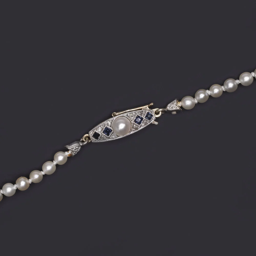 ANTIQUE SALTWATER AKOYA PEARL NECKLACE SAPPHIRE DIAMOND GRADUATED ART NOUVEAU - Image 3