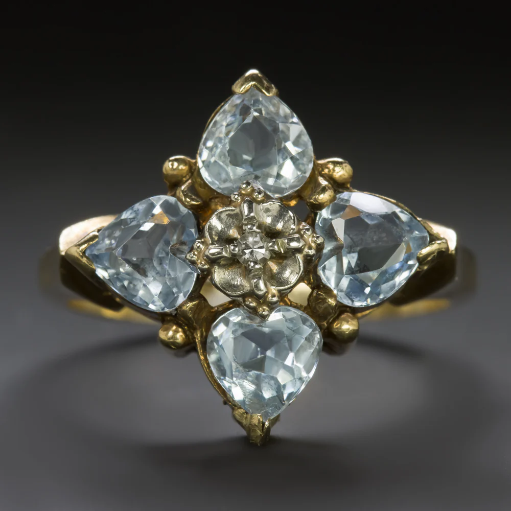 AQUAMARINE DIAMOND VINTAGE COCKTAIL RING 10k YELLOW GOLD NATURAL FLORAL HEART