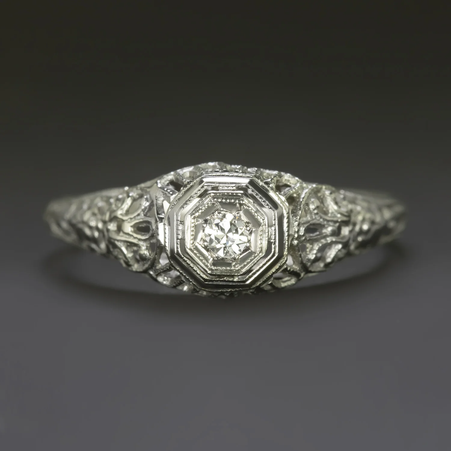 ART DECO DIAMOND ENGAGEMENT RING G VS OLD EUROPEAN CUT 18K FILIGREE VINTAGE