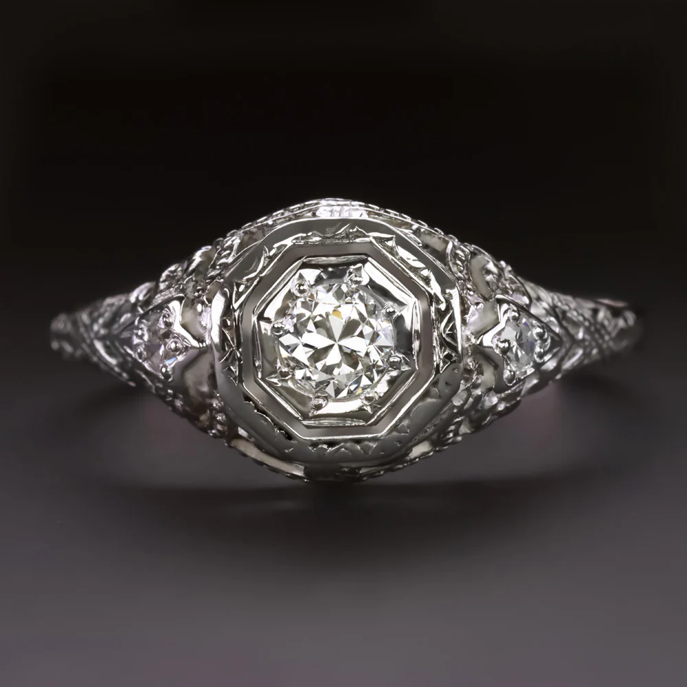 ART DECO DIAMOND RING OLD EUROPEAN CUT F SI1 VINTAGE FILIGREE 14k WHITE GOLD