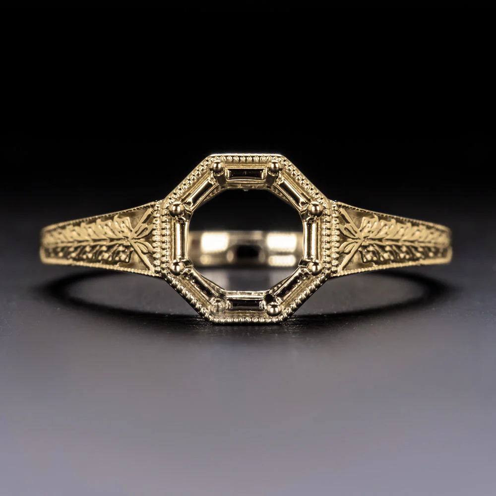 ART DECO ENGRAVED SEM MOUNT ROUND STONE 6.0 6.5MM VINTAGE STYLE SETTING 14K RING - Image 2