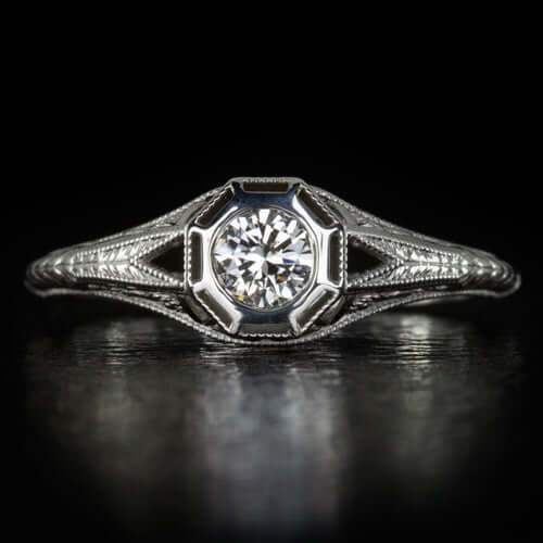 ART DECO FILIGREE 1/4ct DIAMOND ENGAGEMENT COCKTAIL RING BEZEL VINTAGE STYLE