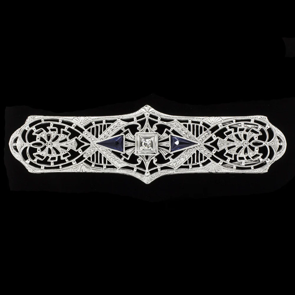 ART DECO PENDANT FILIGREE DIAMOND SAPPHIRE WHITE GOLD NECKLACE VINTAGE ENGRAVED