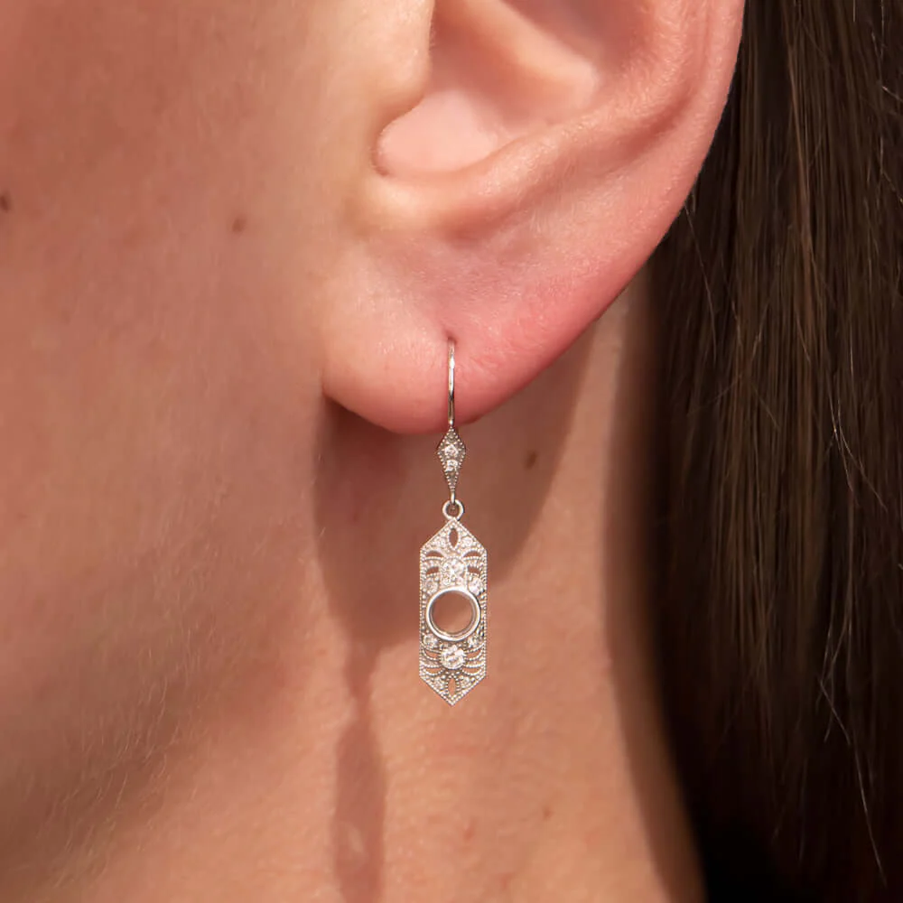 ART DECO STYLE DIAMOND SEMI MOUNT DANGLE EARRINGS 4mm ROUND SETTING VINTAGE DROP - Image 2