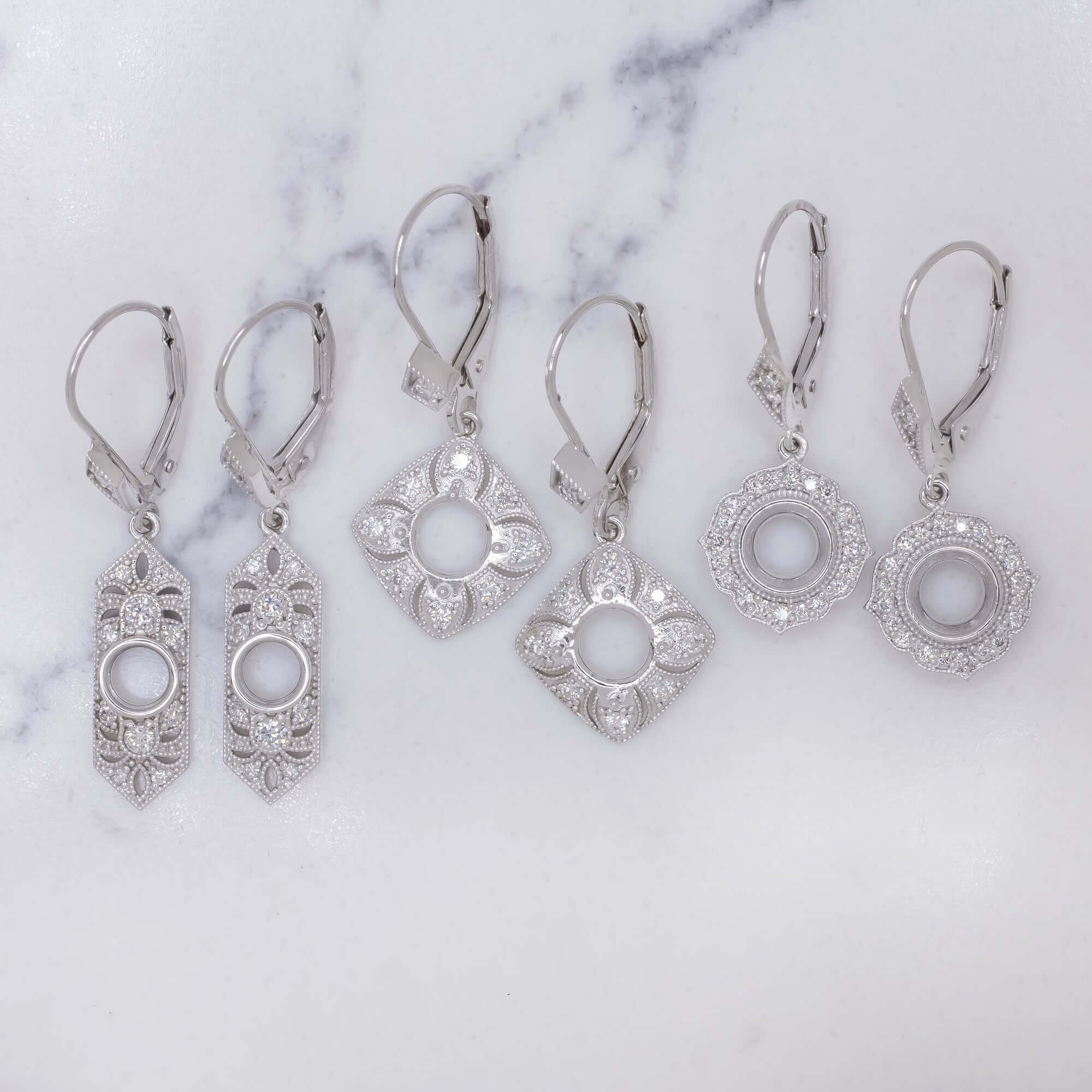 ART DECO STYLE DIAMOND SEMI MOUNT DANGLE EARRINGS 4mm ROUND SETTING VINTAGE DROP - Image 3