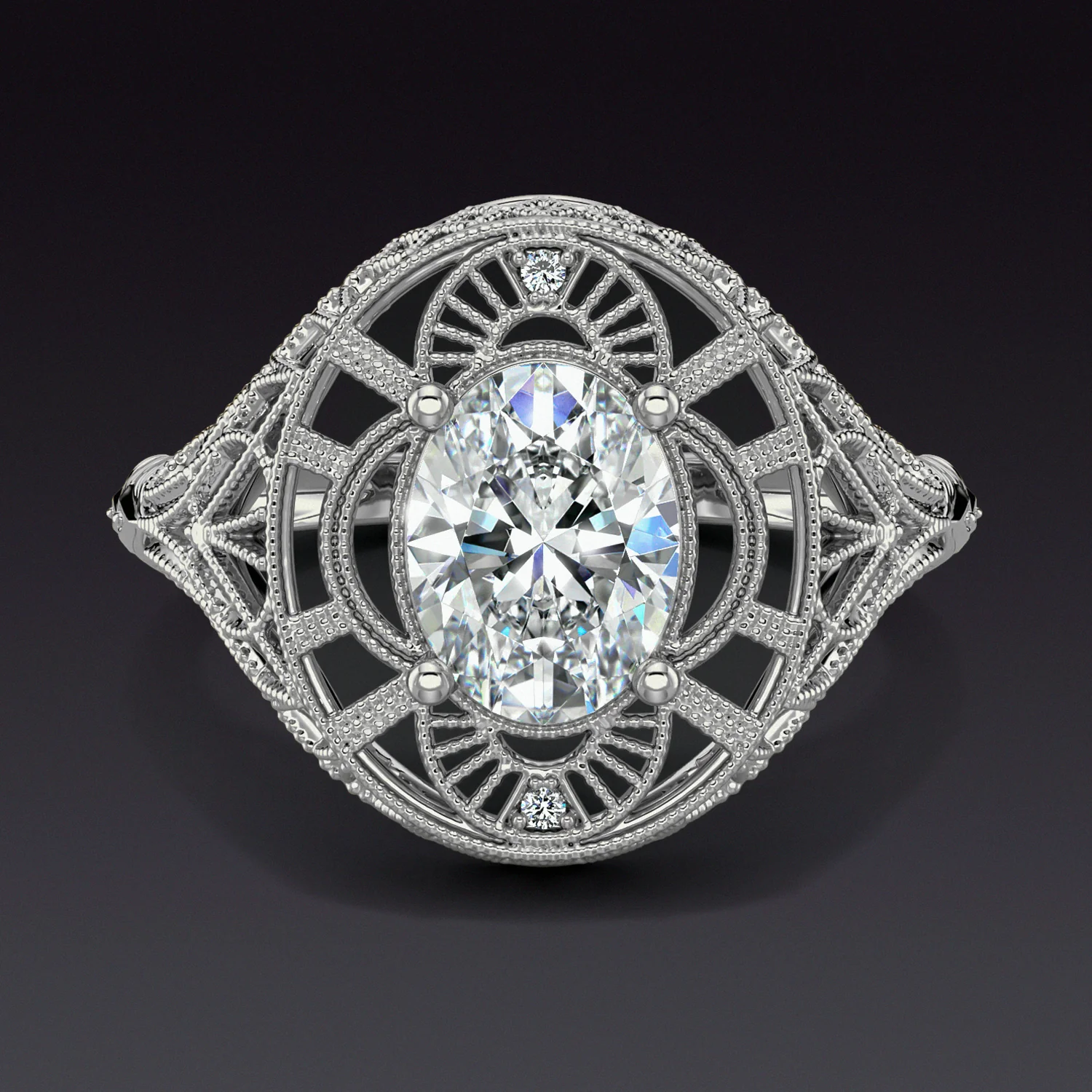 ART DECO VINTAGE STYLE RING SETTING FILIGREE 14k WHITE GOLD OVAL 8x6mm COCKTAIL - Image 5