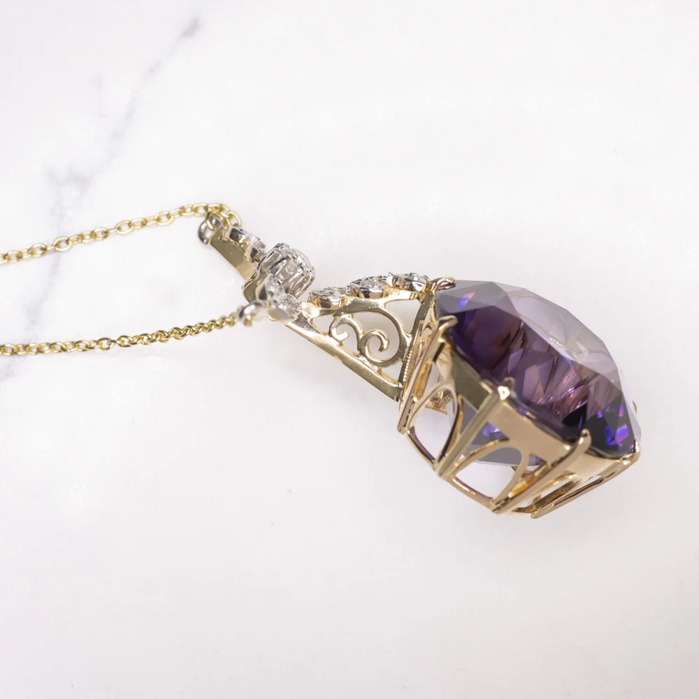ART NOUVEAU AMETHYST DIAMOND NECKLACE ANTIQUE 18k YELLOW GOLD FLORAL PENDANT - Image 2