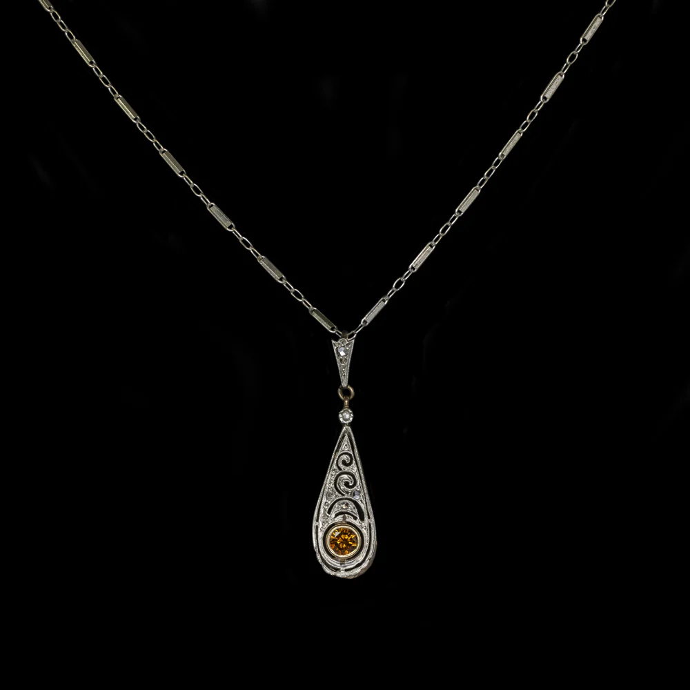 ART NOUVEAU DIAMOND NECKLACE ANTIQUE WHITE GOLD FANCY ORANGE NATURAL PENDANT