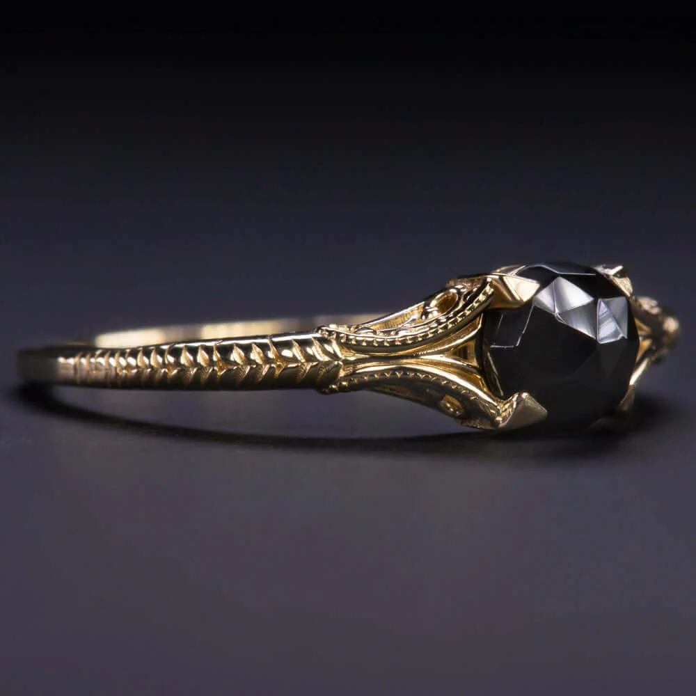 BLACK SPINEL SOLITAIRE RING 10k GOLD 5mm ROSE CUT VINTAGE STYLE DAINTY PROMISE - Image 2