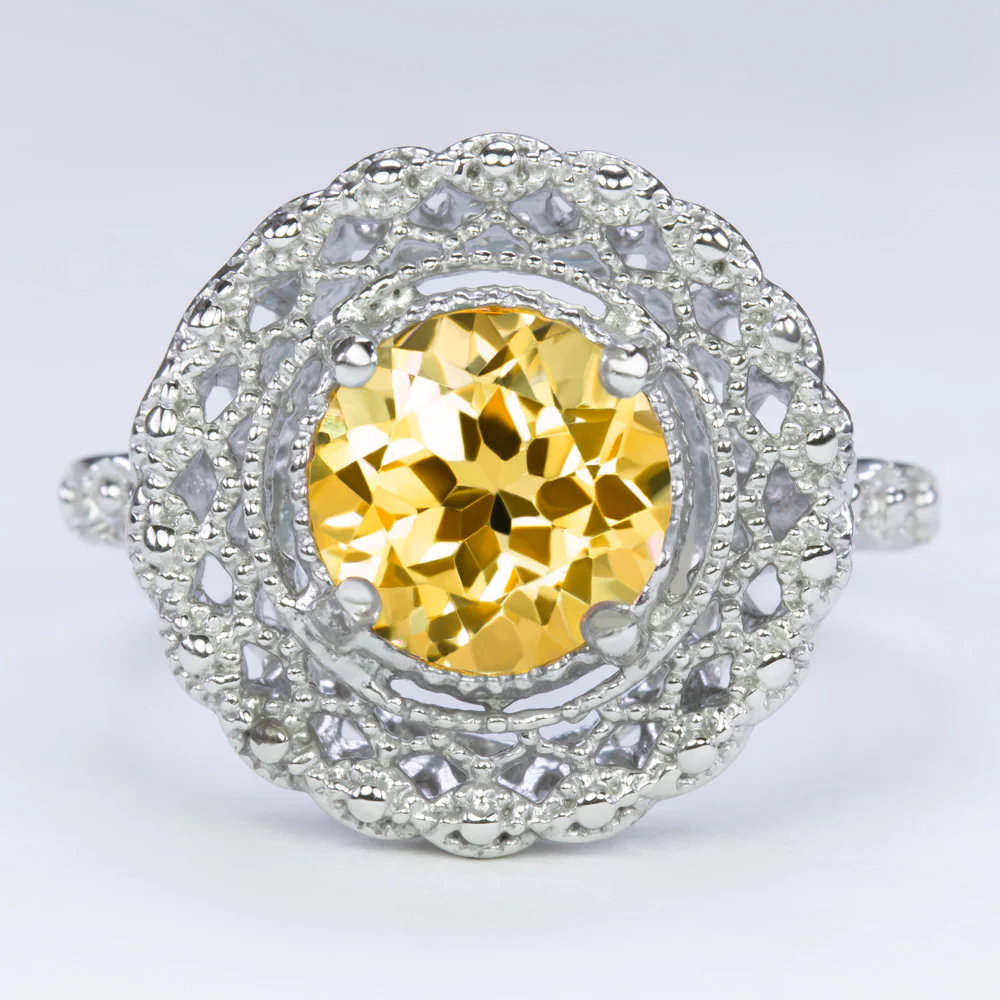 CITRINE STERLING SILVER RING VINTAGE STYLE FILIGREE HALO ROUND CUT ART DECO