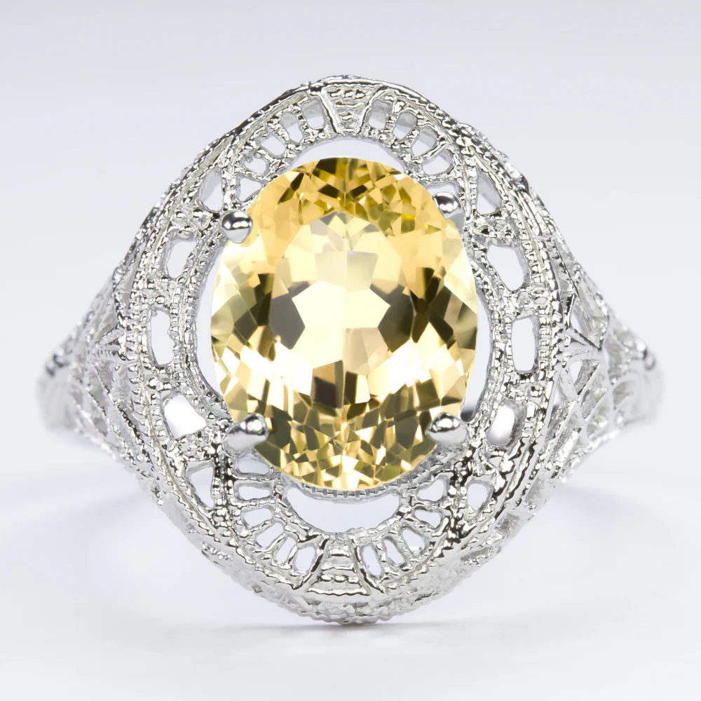 CITRINE STERLING SILVER RING VINTAGE STYLE OVAL CUT GEMSTONE FILIGREE SOLITAIRE
