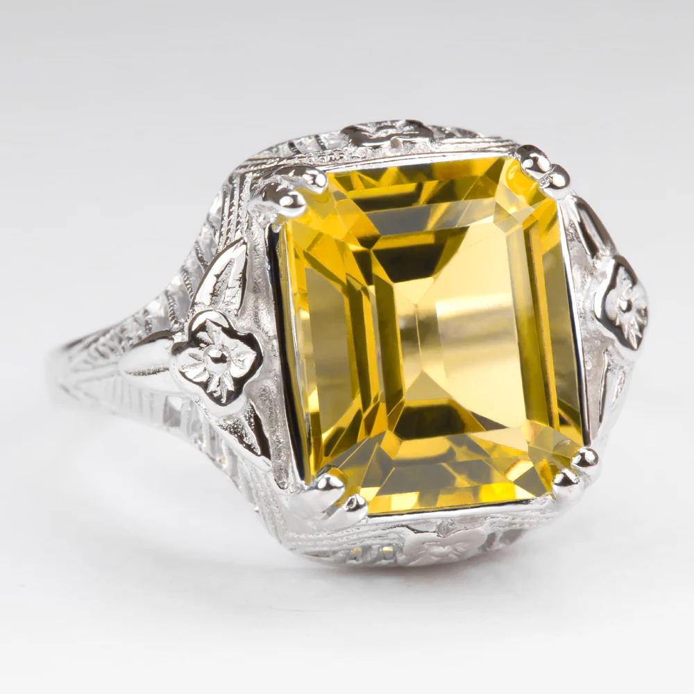 CITRINE STERLING SILVER VINTAGE STYLE RING ART DECO YELLOW EMERALD CUT FILIGREE - Image 2