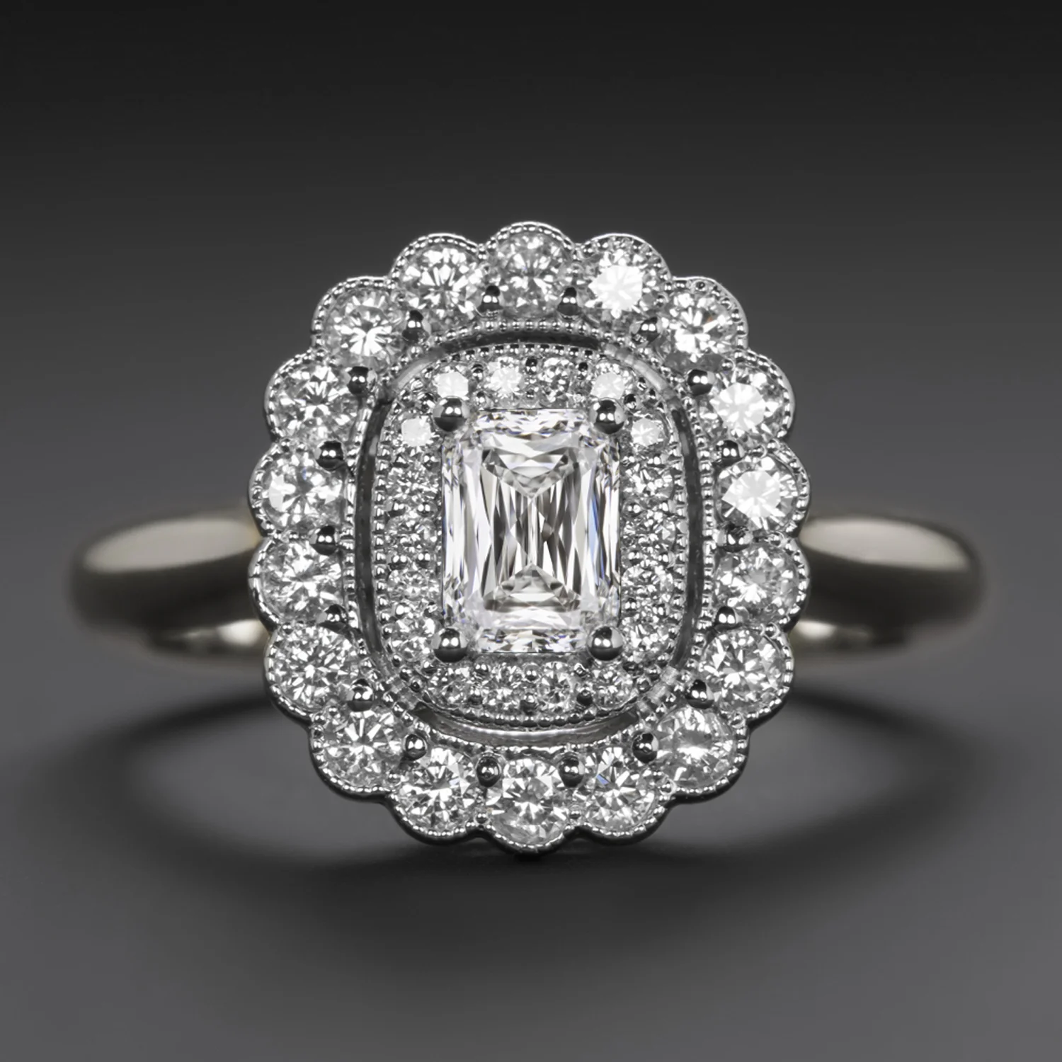 CRISS CUT H VS DIAMOND COCKTAIL RING PLATINUM VINTAGE STYLE SCALLOP DOUBLE HALO