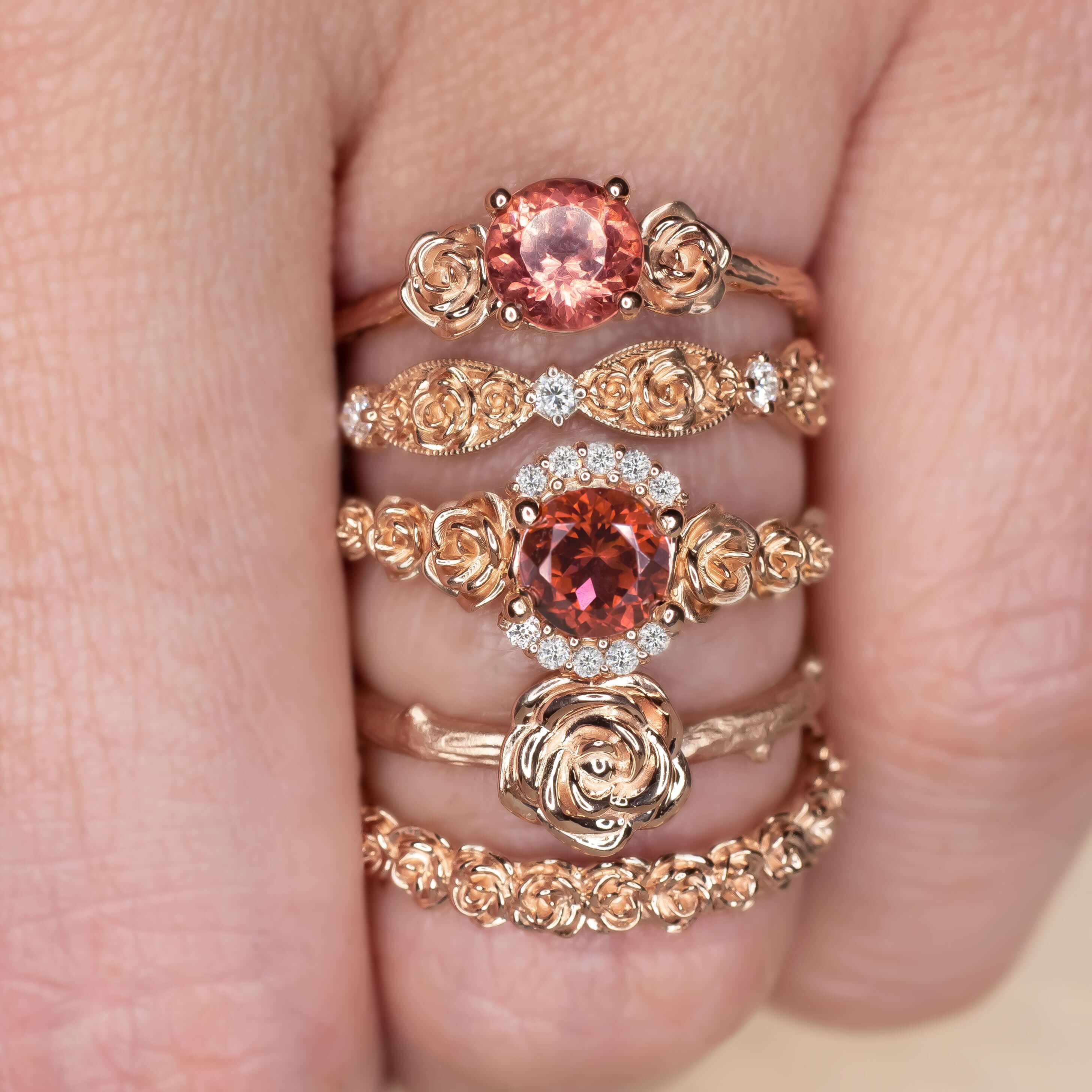 DIAMOND 14 ROSE GOLD FLOWER RING ETERNITY WEDDING BAND FLORAL BOTANICAL STACKING - Image 4