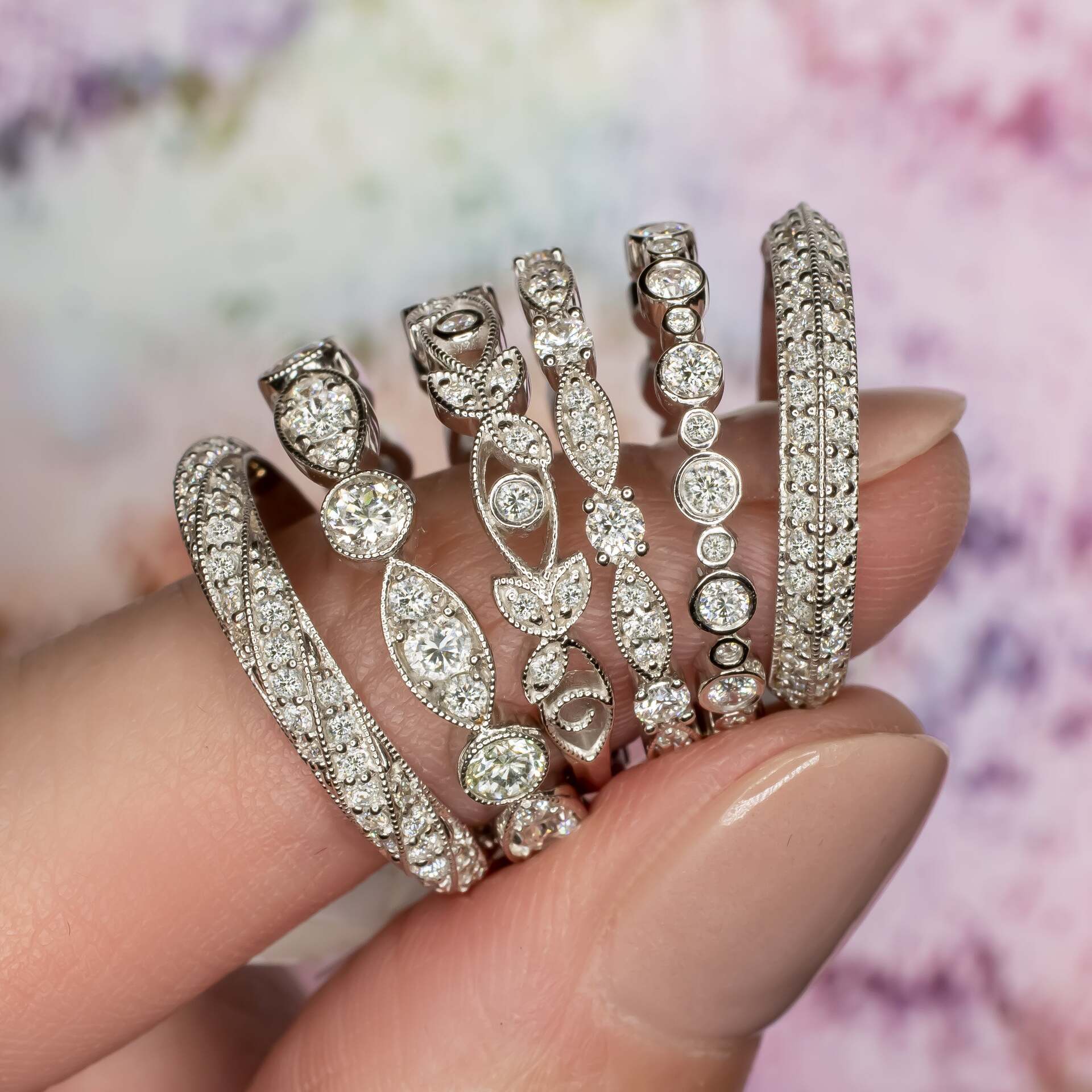DIAMOND BEZEL WEDDING BAND FILIGREE RING 10K GOLD VINTAGE STYLE FLORAL ART DECO - Image 3