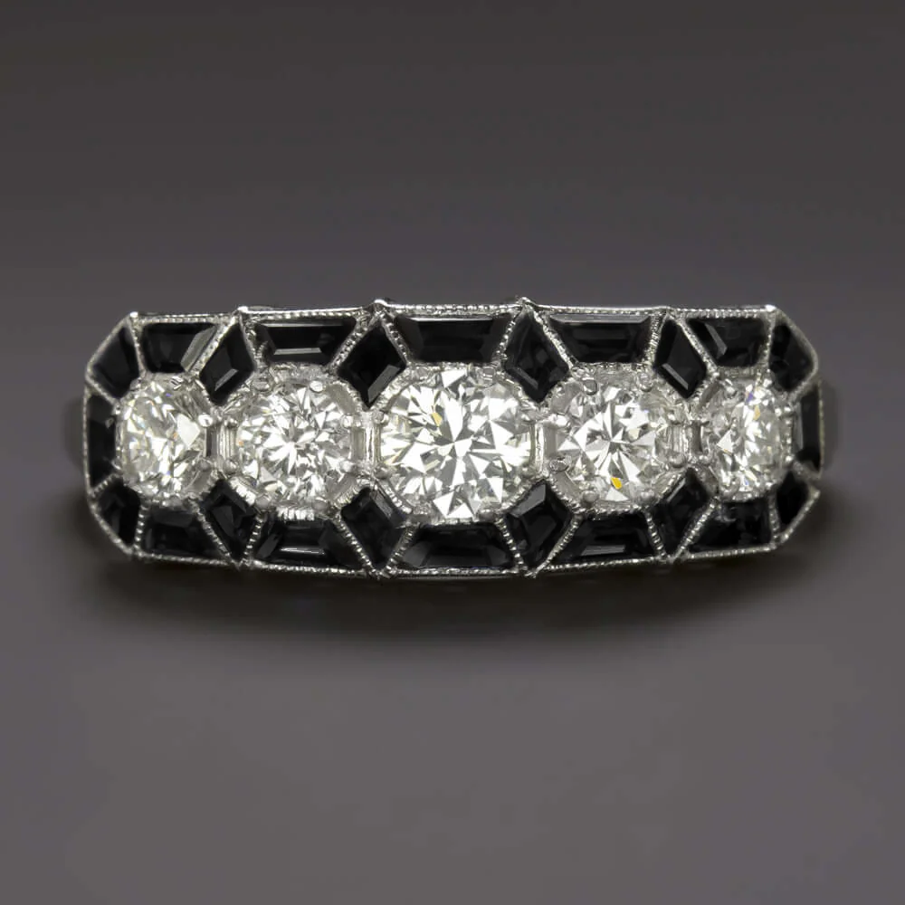 DIAMOND BLACK ONYX VINTAGE STYLE RING ART DECO GEOMETRIC COCKTAIL 14k WHITE GOLD