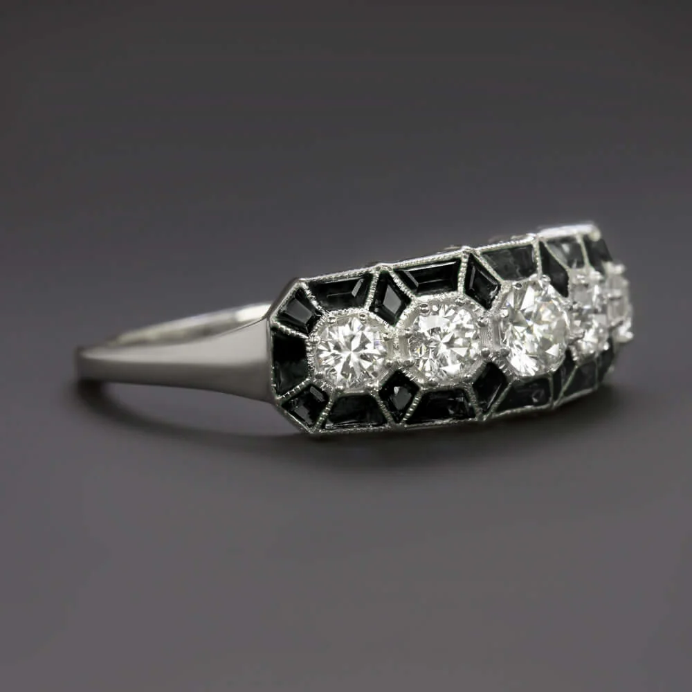 DIAMOND BLACK ONYX VINTAGE STYLE RING ART DECO GEOMETRIC COCKTAIL 14k WHITE GOLD - Image 2