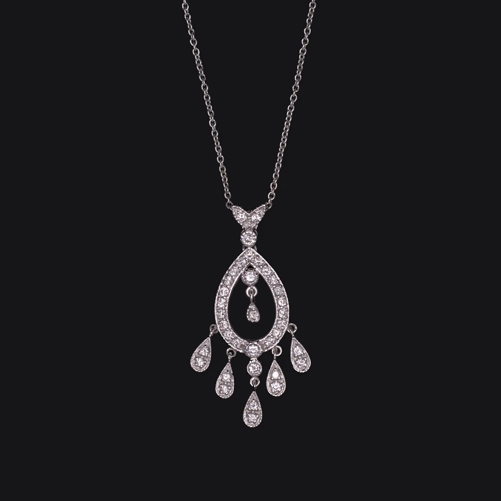 DIAMOND CHANDELIER NECKLACE 14k WHITE GOLD DROP DANGLE NATURAL TEARDROP SHAPE