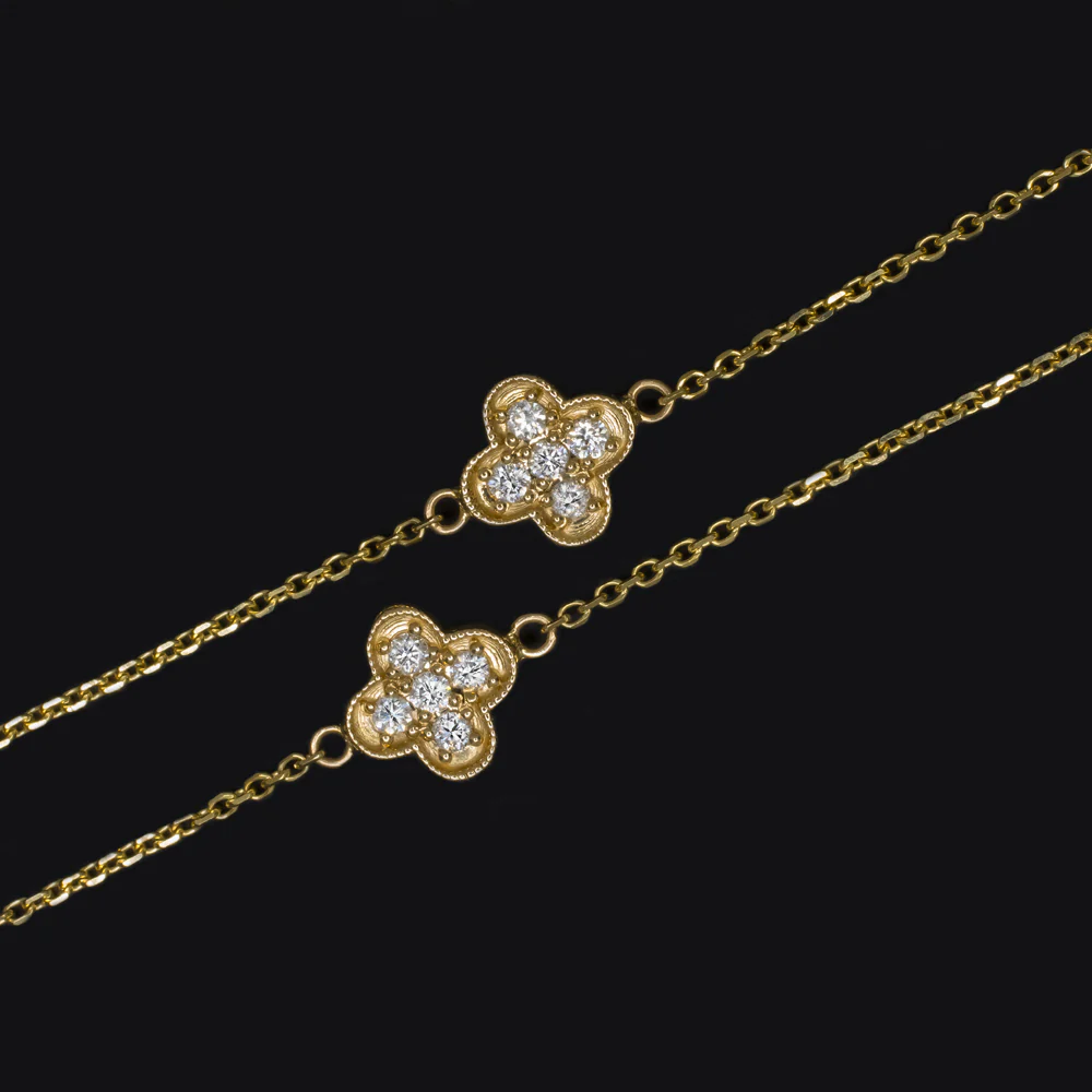 DIAMOND CLOVER NECKLACE 14k YELLOW GOLD STATION CLUSTER NATURAL 1.31ct CHAIN - Image 2