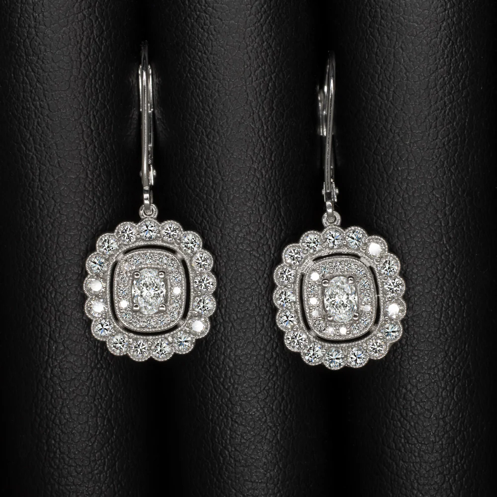 DIAMOND DANGLE EARRINGS OVAL SHAPE SCALLOPED HALO 10k WHITE GOLD VINTAGE STYLE