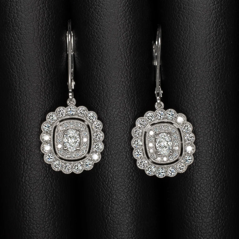 DIAMOND DANGLE EARRINGS OVAL SHAPE SCALLOPED HALO 14k WHITE GOLD VINTAGE STYLE