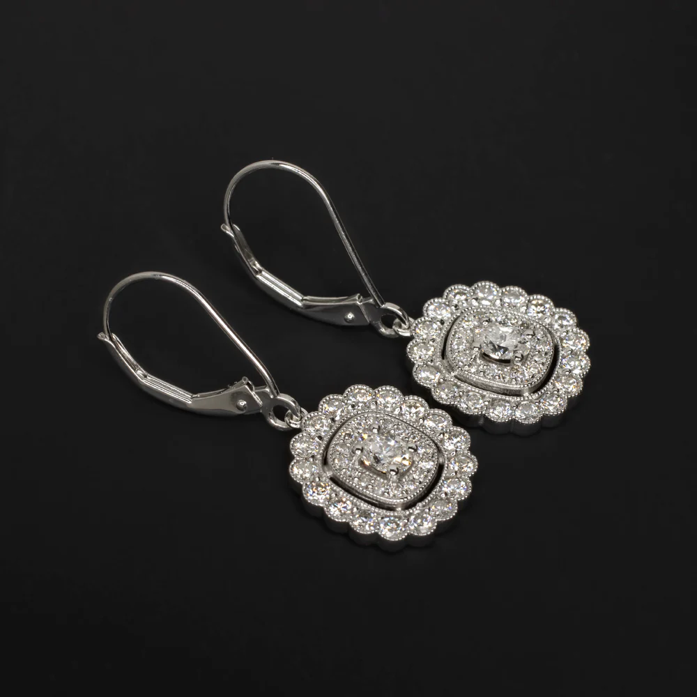 DIAMOND DANGLE EARRINGS OVAL SHAPE SCALLOPED HALO 14k WHITE GOLD VINTAGE STYLE - Image 2