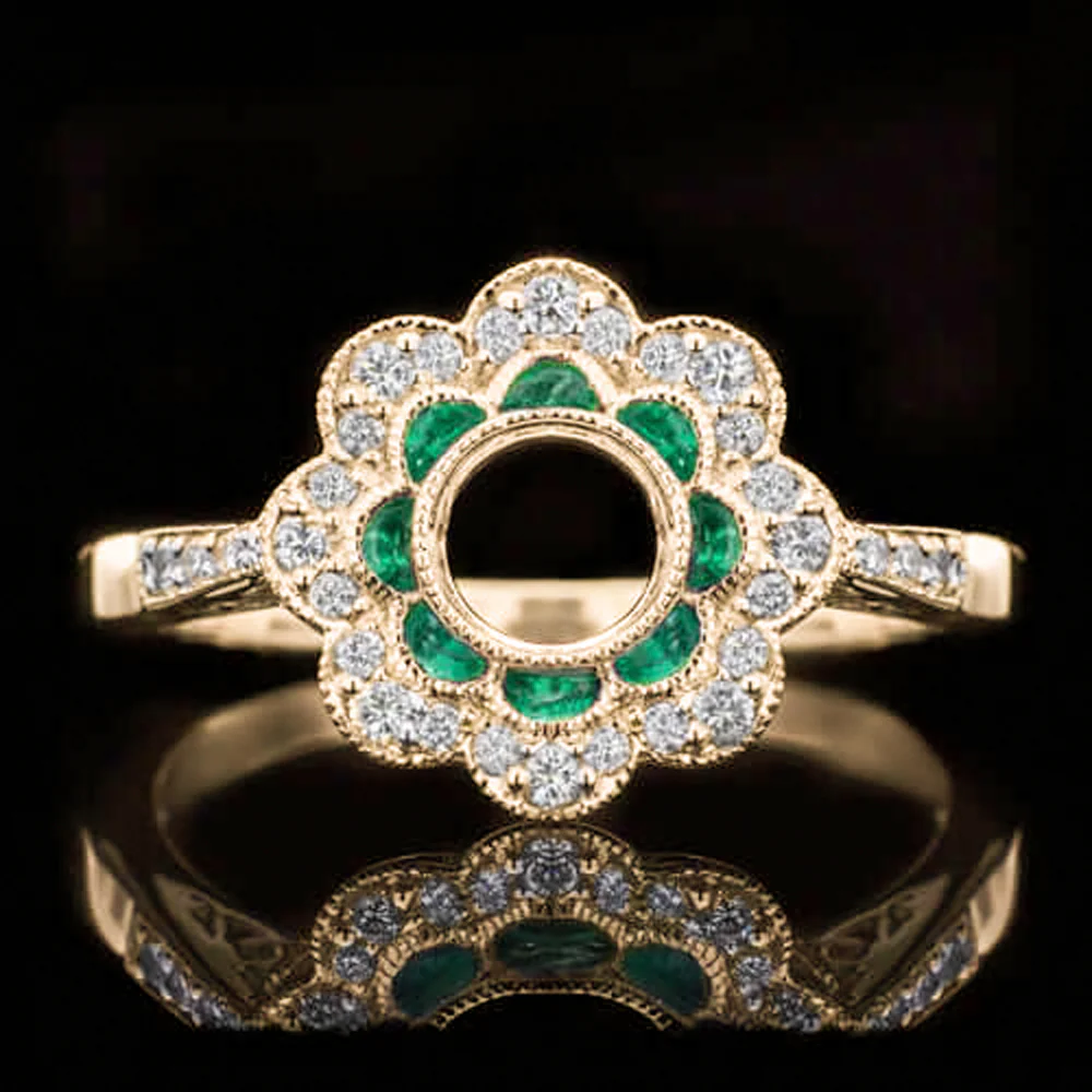 DIAMOND EMERALD FLOWER HALO RING SETTING 4.5mm MOUNT VINTAGE STYLE YELLOW GOLD