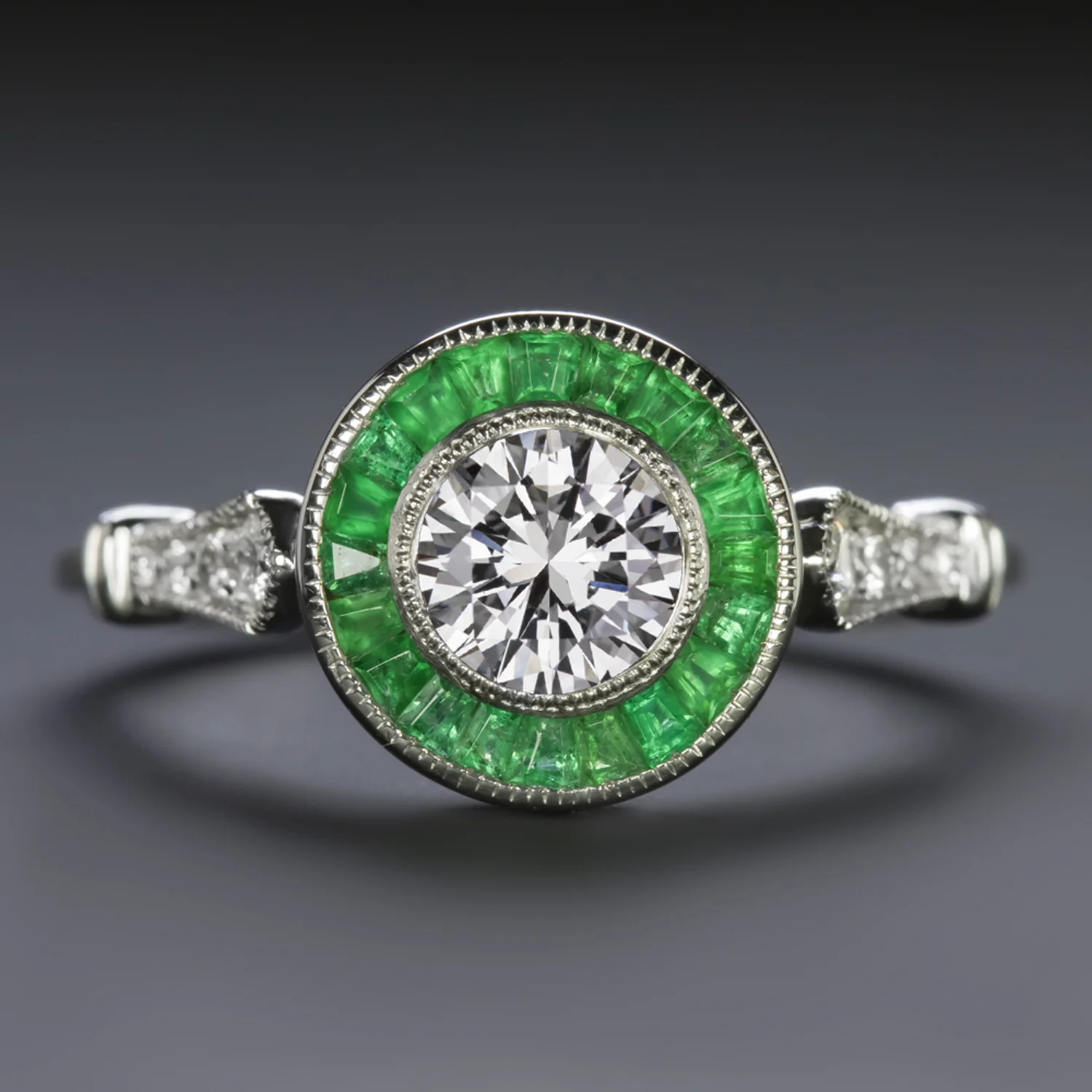DIAMOND EMERALD HALO ENGAGEMENT RING F-G SI1 VINTAGE STYLE ART DECO TARGET ROUND