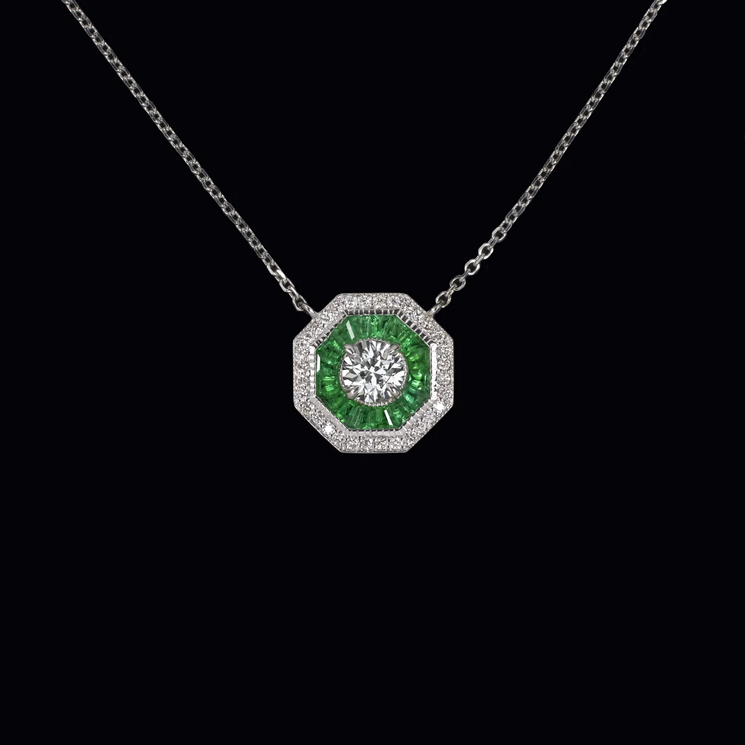 DIAMOND EMERALD PENDANT NECKLACE WHITE GOLD DOUBLE HALO OCTAGON VINTAGE STYLE