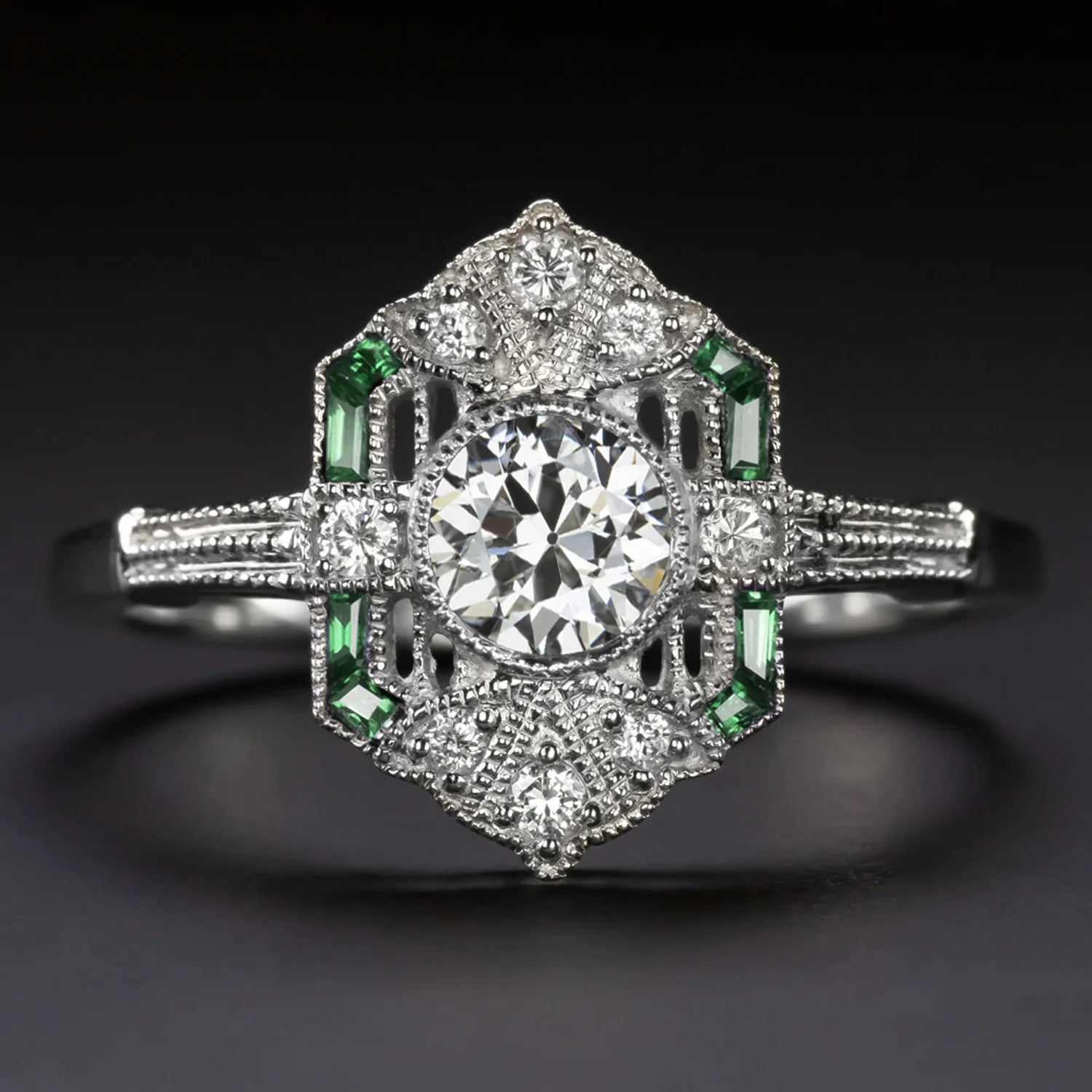DIAMOND EMERALD RING OLD EUROPEAN CUT VINTAGE STYLE ART DECO 14K WHITE GOLD