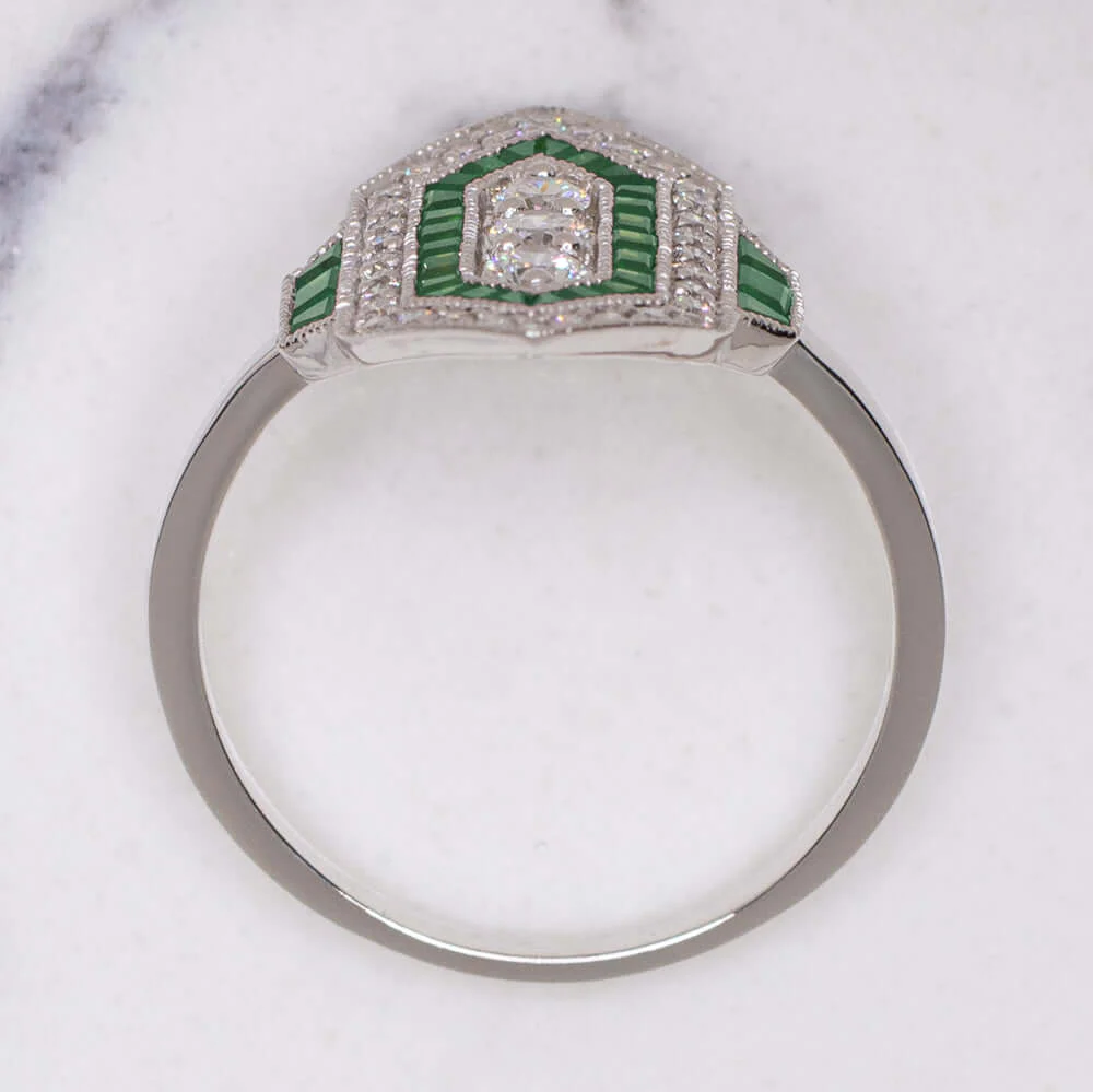 DIAMOND EMERALD VINTAGE STYLE RING ART DECO GEOMETRIC COCKTAIL ANTIQUE NATURAL - Image 2
