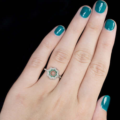DIAMOND EMERALD VINTAGE STYLE DOUBLE HALO ENGAGEMENT RING SETTING 1/3CT ROUND 14 - Image 4