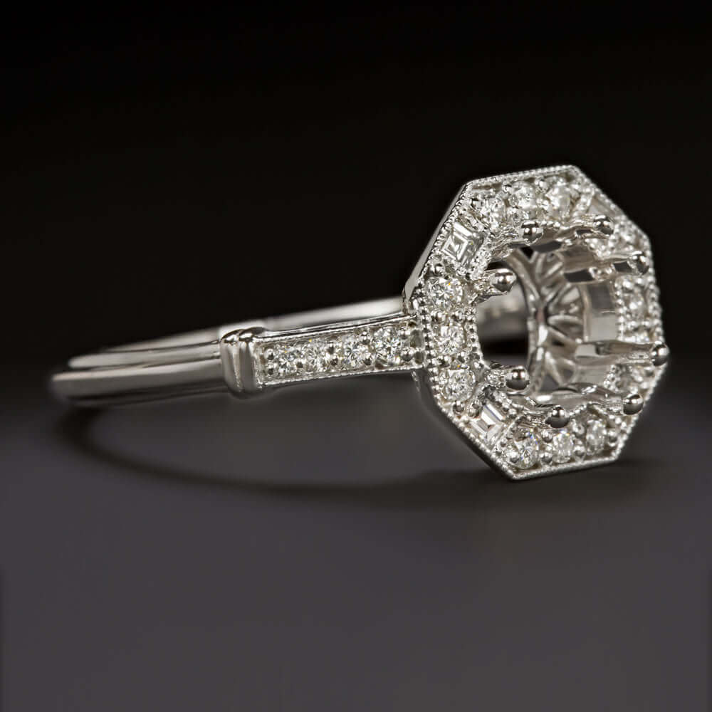 DIAMOND HALO RING SETTING ART DECO STYLE SEMI MOUNT VINTAGE ROUND 14k WHITE GOLD - Image 2