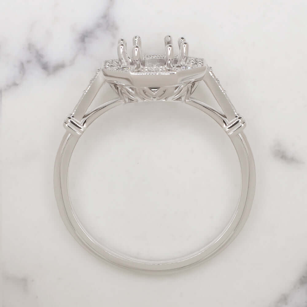 DIAMOND HALO RING SETTING ART DECO STYLE SEMI MOUNT VINTAGE ROUND 14k WHITE GOLD - Image 3