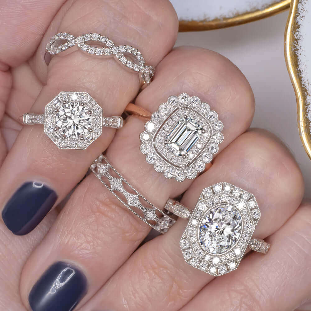 DIAMOND HALO RING SETTING ART DECO STYLE SEMI MOUNT VINTAGE ROUND 14k WHITE GOLD - Image 5