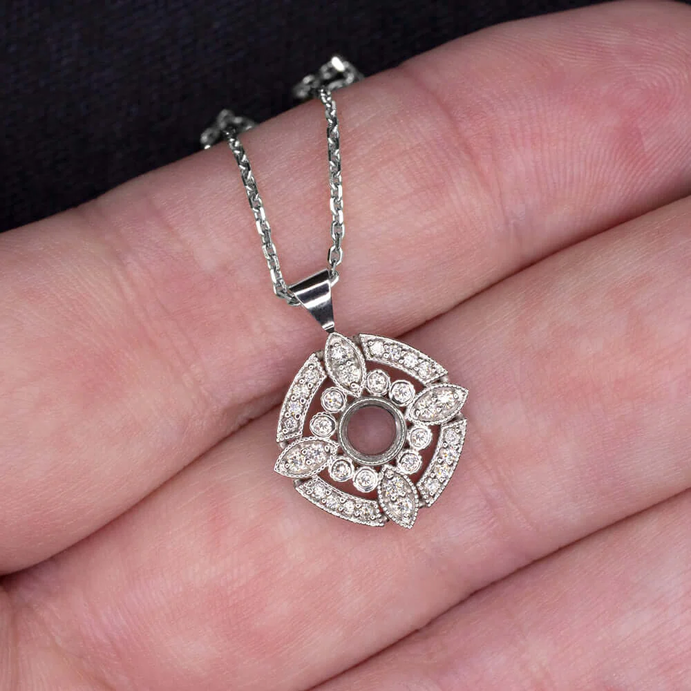 DIAMOND PENDANT SETTING 4mm ROUND VINTAGE STYLE NECKLACE SEMI MOUNT ART DECO - Image 3