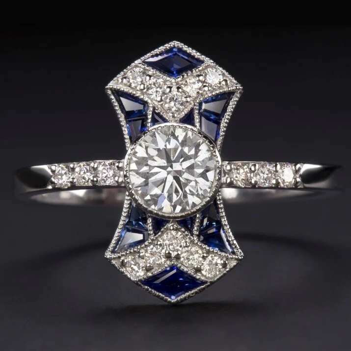 DIAMOND SAPPHIRE ENGAGEMENT RING VINTAGE ART DECO COCKTAIL 1/2 CARAT ROUND CUT