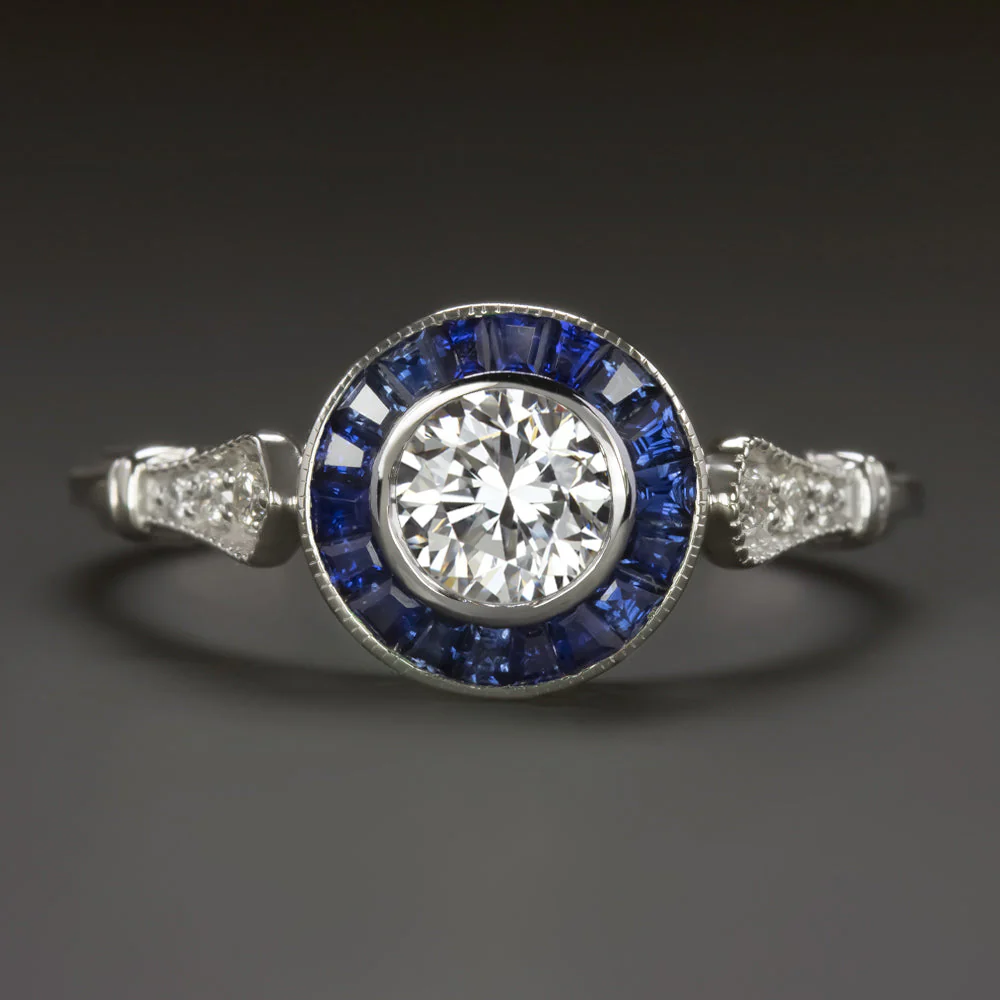 DIAMOND SAPPHIRE HALO ENGAGEMENT RING F VS2 VINTAGE STYLE ART DECO TARGET ROUND