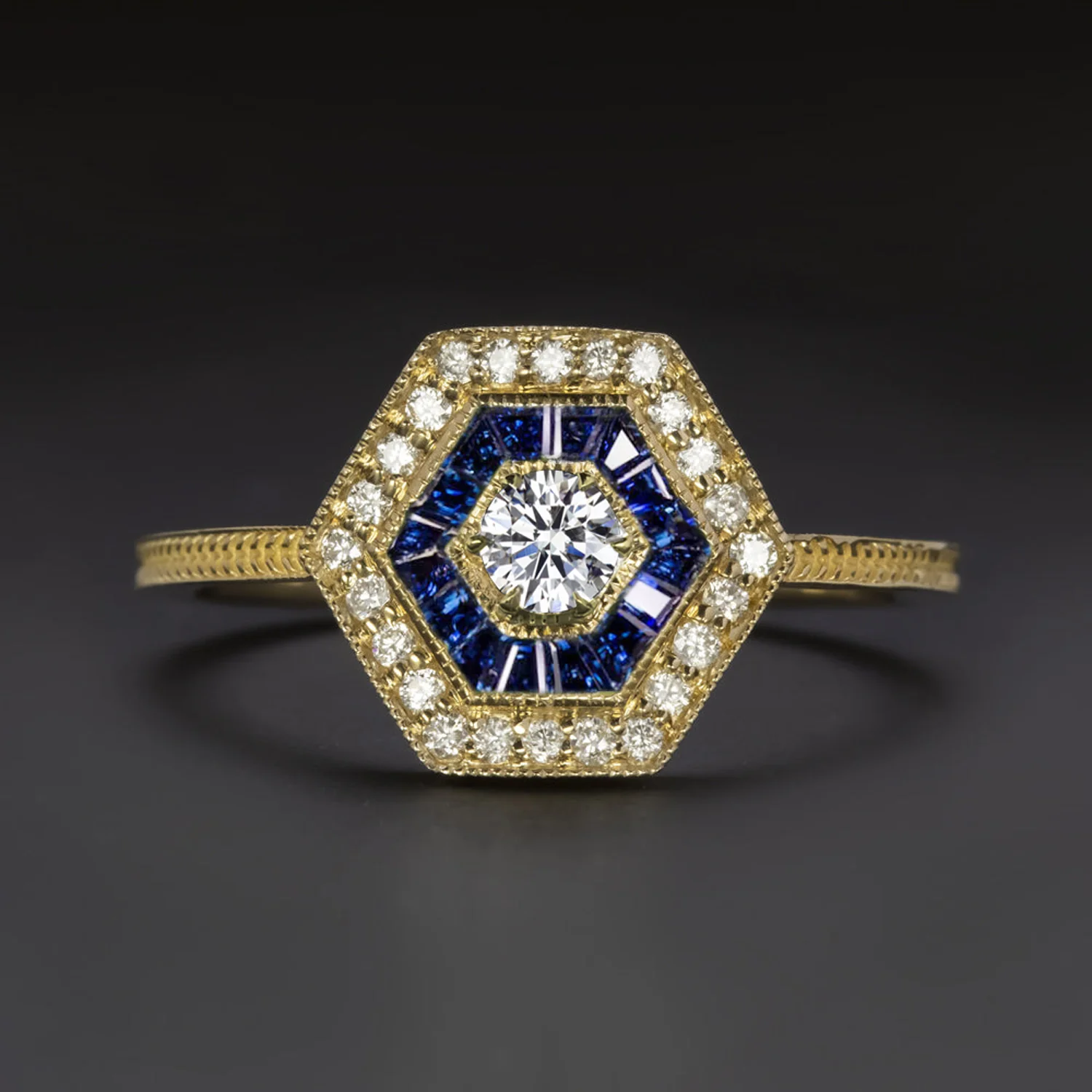 DIAMOND SAPPHIRE RING ART DECO VINTAGE STYLE HEXAGON DOUBLE HALO 14k YELLOW GOLD