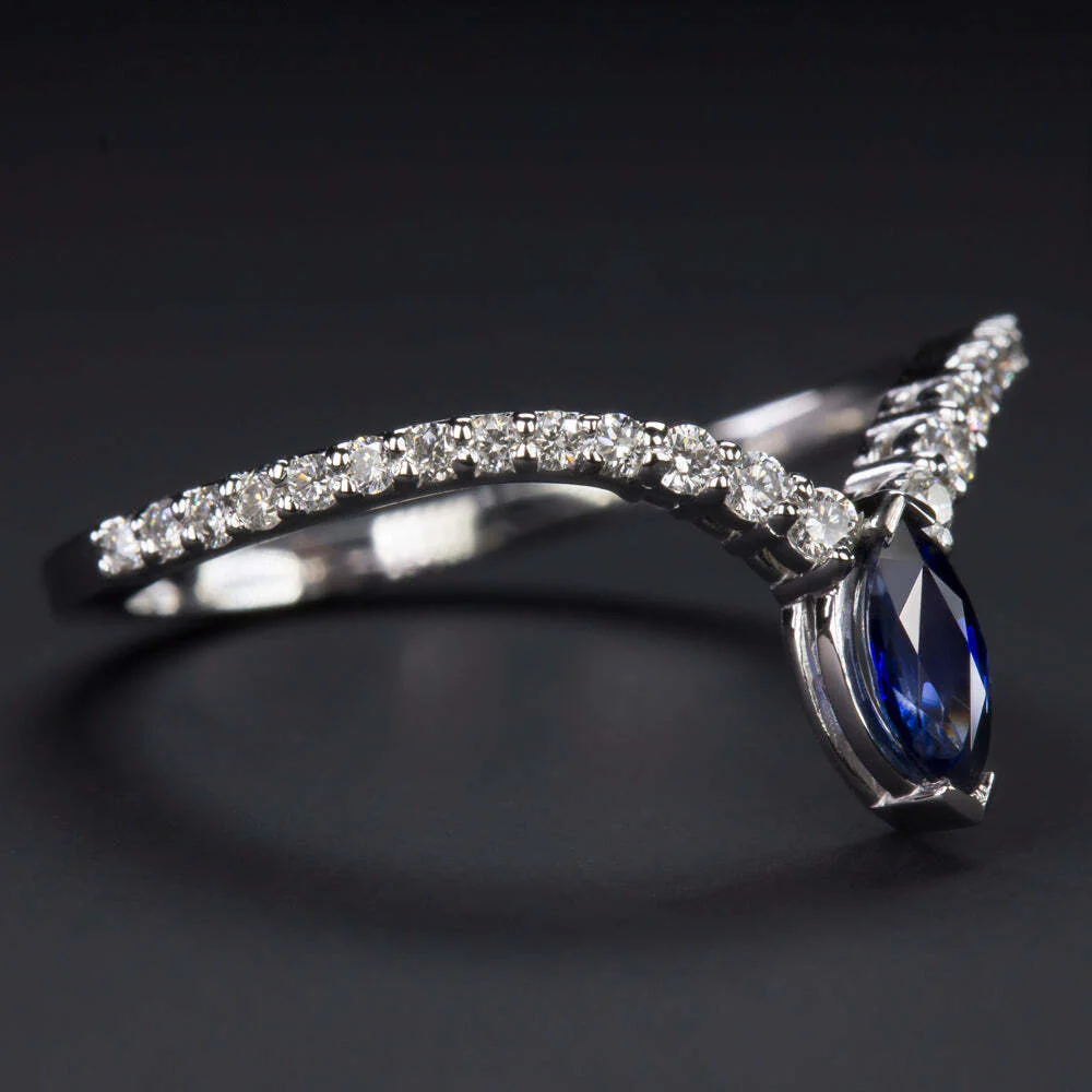 DIAMOND SAPPHIRE V RING CHEVRON WHITE GOLD 10k CURVED CONTOUR WEDDING BAND - Image 2