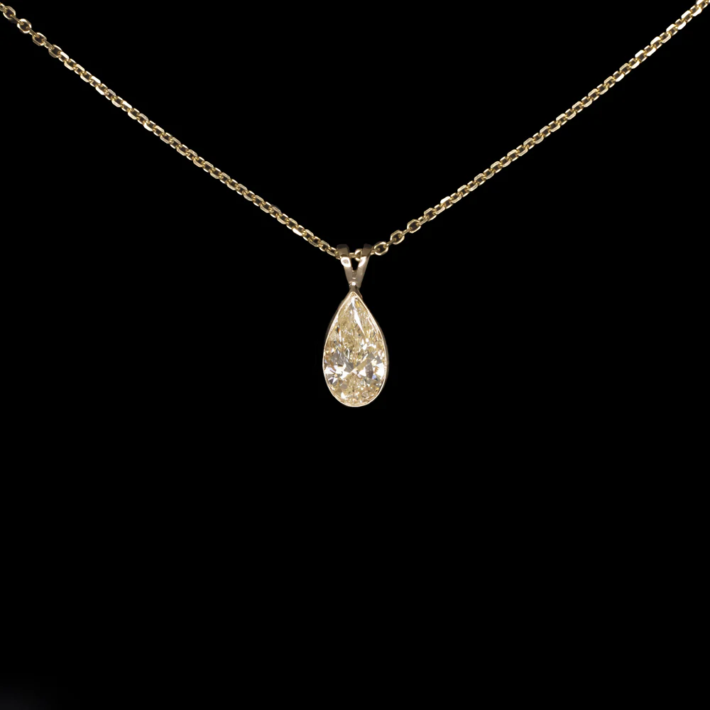 DIAMOND SOLITAIRE NECKLACE 0.92ct PEAR SHAPE TEARDROP 14k YELLOW GOLD PENDANT