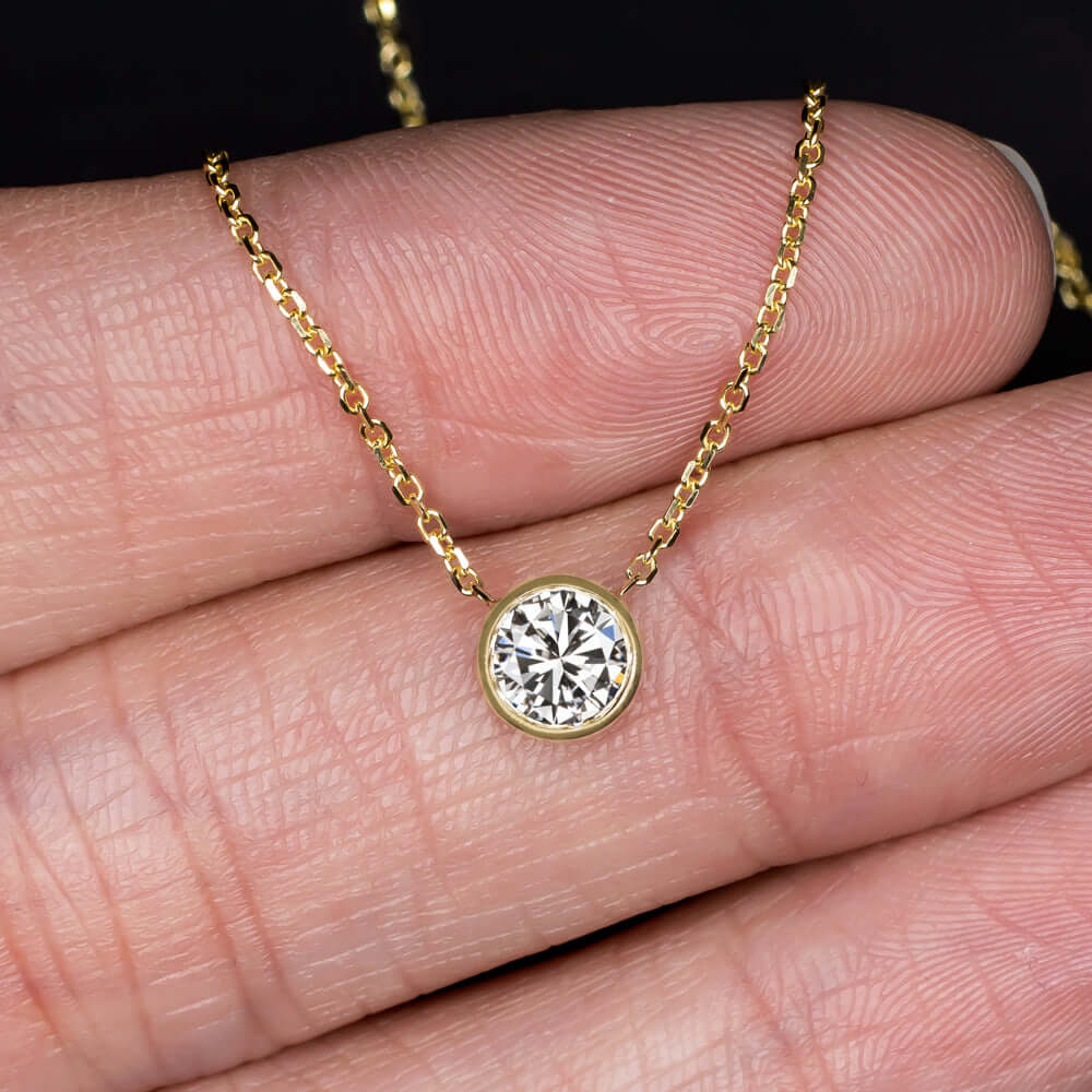 DIAMOND SOLITAIRE NECKLACE 1/2 CARAT BEZEL SET ROUND BRILLIANT CUT YELLOW GOLD