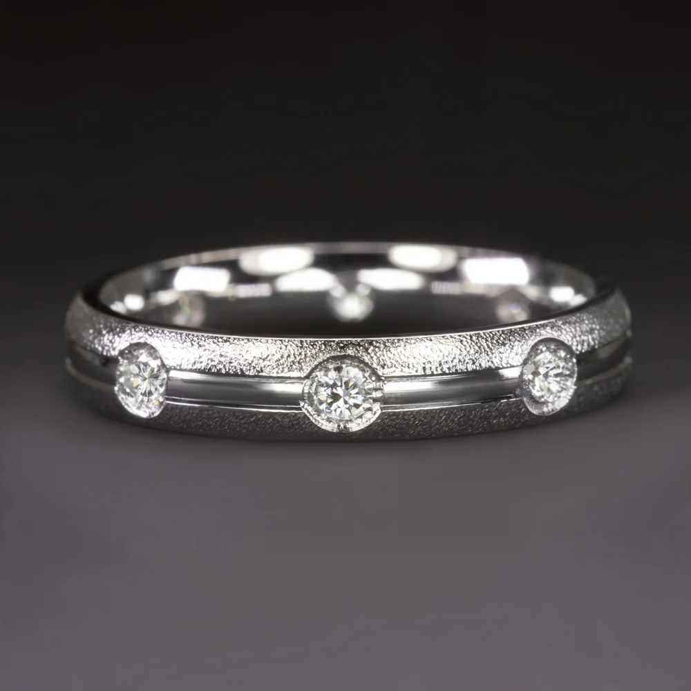 DIAMOND WEDDING BAND RING FLUSH BURNISH SET SANDBLASTED MENS 14k WHITE GOLD 4mm