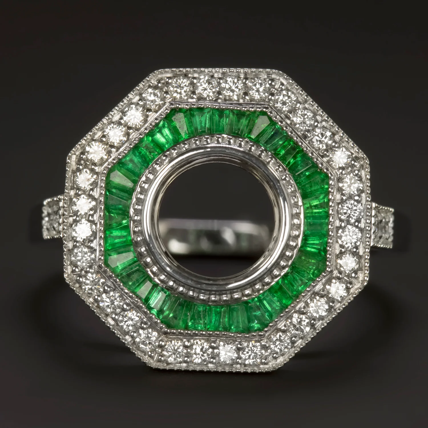 EMERALD DIAMOND RING SETTING 6.5mm ROUND VINTAGE STYLE HALO ART DECO SEMI MOUNT