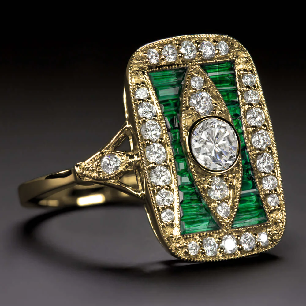EMERALD DIAMOND VINTAGE STYLE COCKTAIL RING ART DECO 14k YELLOW GOLD NATURAL - Image 2
