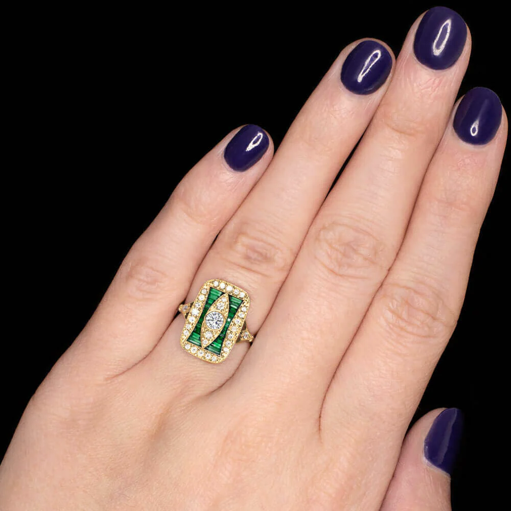 EMERALD DIAMOND VINTAGE STYLE COCKTAIL RING ART DECO 14k YELLOW GOLD NATURAL - Image 3