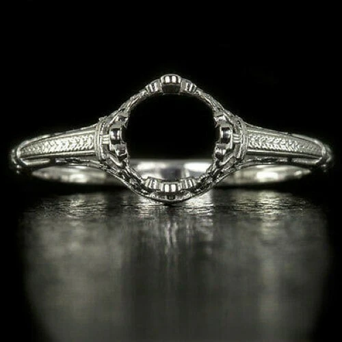 ENGAGEMENT RING SETTING VINTAGE STYLE FILIGREE ROUND CUSHION SOLITAIRE 14K GOLD - Image 2