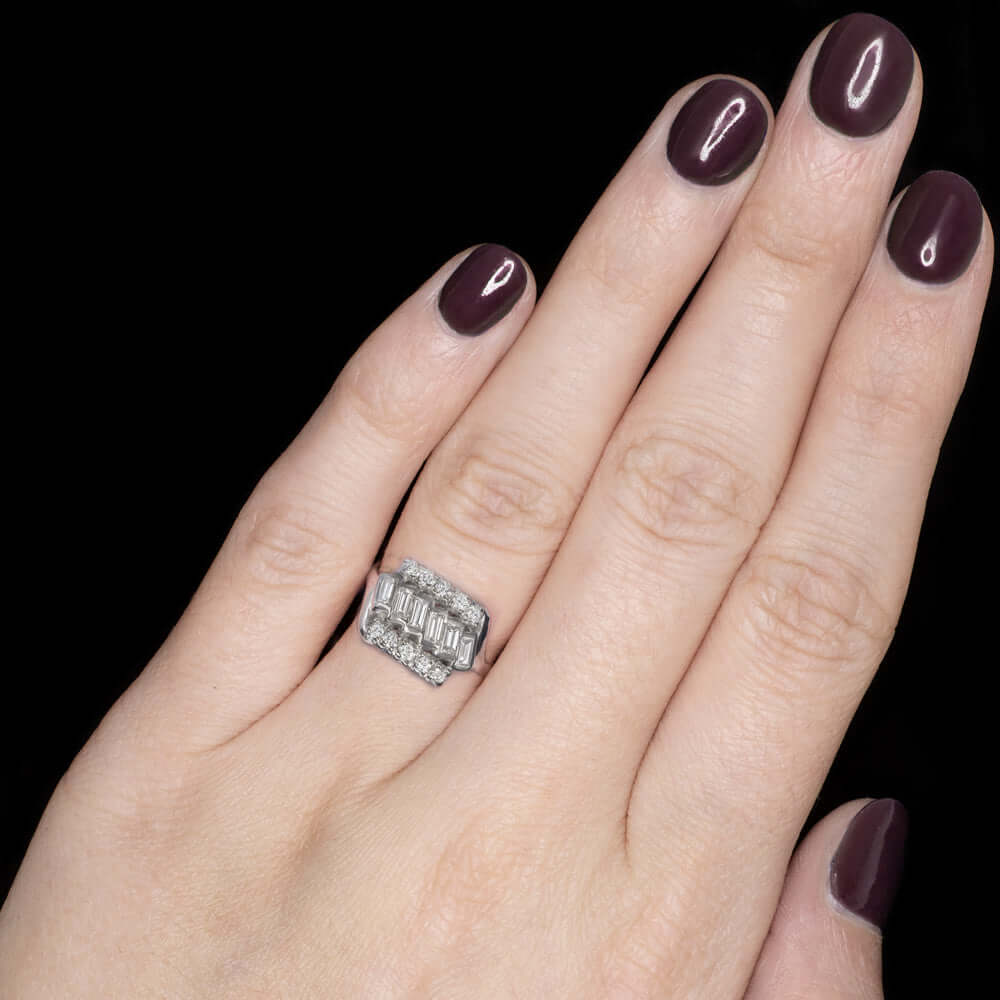 F-G VVS-SI1 0.9ct DIAMOND PALLADIUM RING VINTAGE COCKTAIL NATURAL BAGUETTE ROUND - Image 3