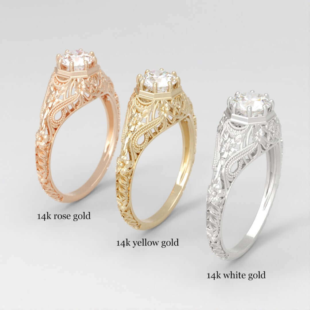 FILIGREE ART DECO VINTAGE STYLE SEMI-MOUNT 14K ENGAGEMENT RING SETTING SOLITAIRE - Image 4